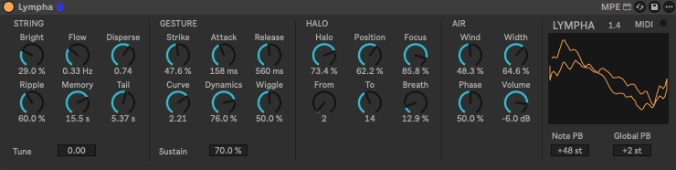 Il dispositivo Lympha in Ableton Live: quattro pannelli di manopole, String, Gesture, Halo e Air, e un display che mostra lo spettro della corda